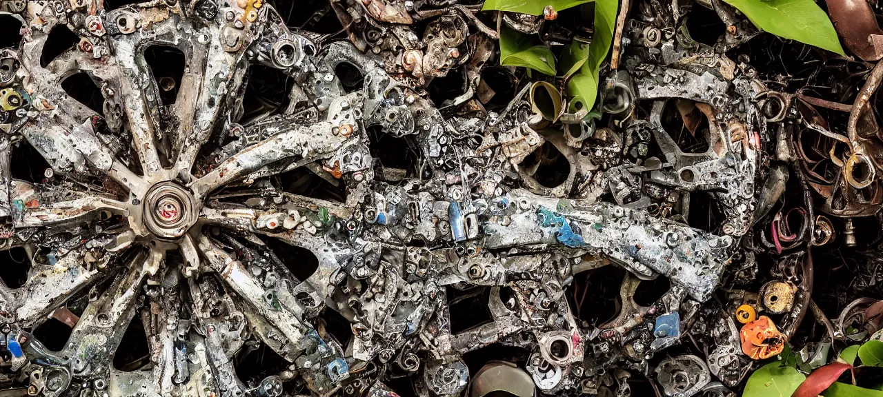 Image similar to closeup of a flower made up of automobile parts in a forest with rain