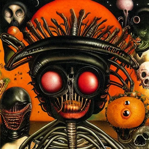 Prompt: album cover, aliens, black, white, orange, psychedelic, giuseppe arcimboldo