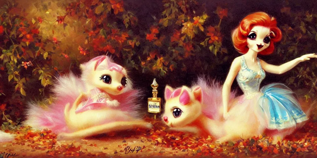 Prompt: 3 d littlest pet shop animal, vintage royalty, antique perfume, playful, halloween, night, laughter, master painter and art style of noel coypel, art of emile eisman - semenowsky, art of edouard bisson