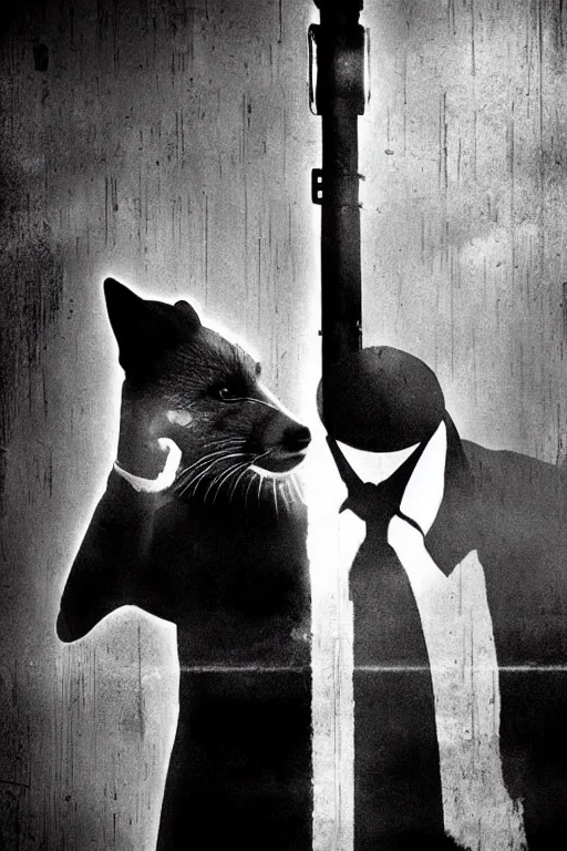 Prompt: fox as a detective, film noir style, cinematic, black and white