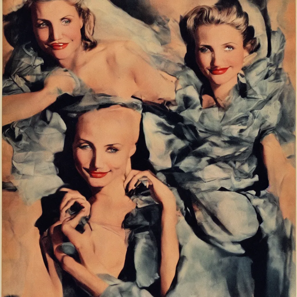 Image similar to Cameron Diaz portrait, color vintage magazine illustration 1950