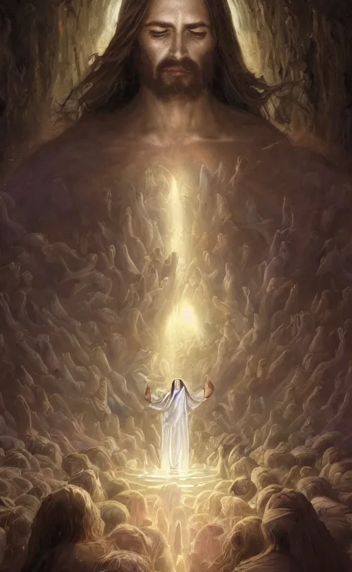 Prompt: jesus looking into a portal hopping and time warping with reckless abandon, surrounded by thousands of angels, masterpiece digital painting by Greg Rutkowski, Alex Grey, artstation, 4k wallpaper