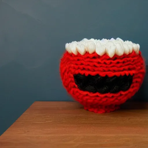 Image similar to a bowl of soup that looks like a monster, knitted out of wool