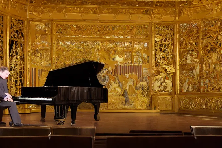 Prompt: Philip Glass performing on a grand piano inside the Golden Pavilion, photo, 4K