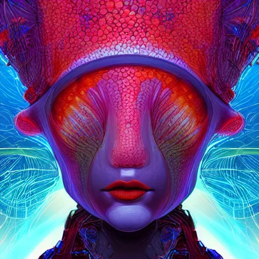 Image similar to Face of a Alien Deity, corals, circuitry, plume made of geometry, extremly detailed digital painting, sharp focus in the style of android jones, artwork of a futuristic artificial intelligence superstar, mystical colors, rim light, beautiful lighting, 8k, stunning scene, raytracing, octane, under water visual distortion, dark tones colors, trending on artstation