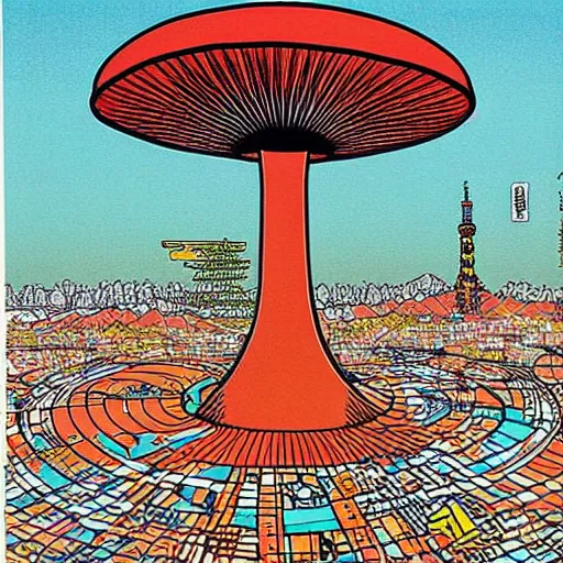 Prompt: nuclear mushroom in Tokyo by Toshio Saeki high detailed