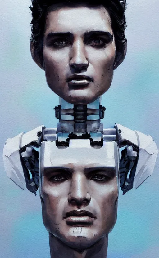 Image similar to a painting a robot with the face of a elvis presley trending on artstation in the style of greg rutkowski, 3 d, watercolor, beautiful, young, portrait