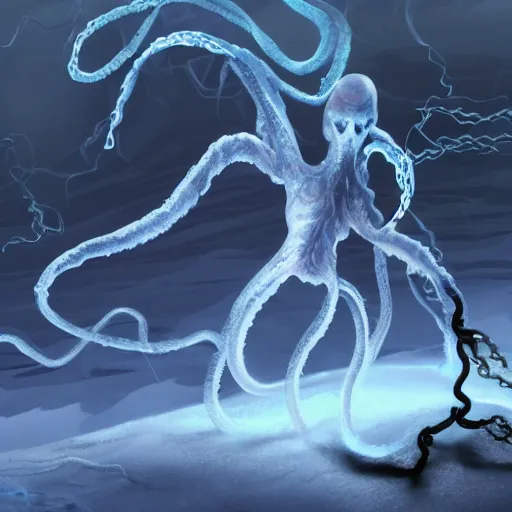 Image similar to screenshot of a chained ethereal ghostly wraith like figure with a squid like parasite latched onto its transparent skull and long tentacle arms that flow lazily but gracefully at its sides like a cloak while it floats around a frozen rocky tundra in the snow searching for lost souls and that hides amongst the frozen underbrush, this character has hydrokinesis and electrokinesis for the resident evil village video game franchise with inspiration from the franchise Bloodborne