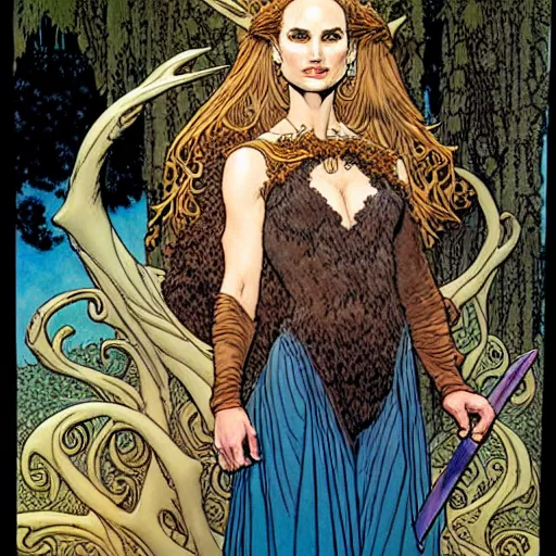 Image similar to a realistic portrait of natalie portman as a druidic wizard by rebecca guay, michael kaluta, charles vess and jean moebius giraud
