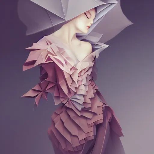 Image similar to 3 / 4 view of a beautiful girl wearing an origami dress, eye - level medium shot, elegant, by eiko ishioka, by peter mohrbacher, centered, fresh colors, origami, fashion, detailed illustration, vogue, high depth of field, japanese, reallusion character creator