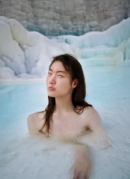 Image similar to Kodak Portra 400, 8K, soft light, volumetric lighting, highly detailed, britt marling style 3/4 ,portrait photo of teen Kasumi Arimura, the face emerges from Pamukkale, thermal waters flowing down white travertine terraces, inspired by Ophelia paint , a beautiful luxurious celestial suit and hair are intricate with highly detailed realistic beautiful flowers , Realistic, Refined, Highly Detailed, interstellar outdoor soft pastel lighting colors scheme, outdoor fine art photography, Hyper realistic, photo realistic