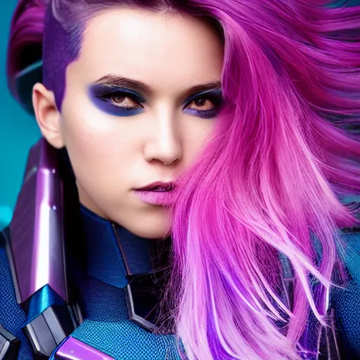 Image similar to a stunning upper body portrait of a beautiful woman with a ombre purple pink hairstyle with hair blowing in the wind wearing futuristic navy blue and teal battle bodyarmor and pauldrons by marvel comics, outrun, vaporware, highly detailed, fine detail, intricate, digital art, trending on artstation