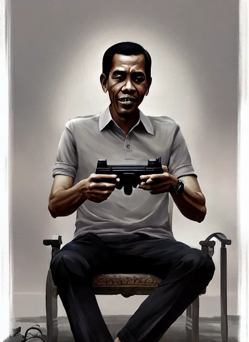 Prompt: portrait of jokowi playing playstation. highly detailed, digital painting, concept art, smooth, sharp focus, illustration, art by greg rutkowski