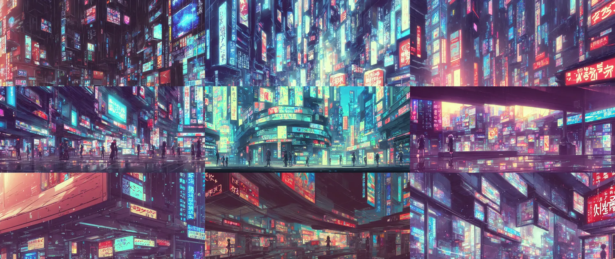 Prompt: a very close up close up close up close up front on frontview of a ( ( ( cyberpunk ) ) ) shopfront facade with ( ( advertisements ) ), in a high definition screenshot from the anime anime film, digital painting by ( makoto shinkai ), moebius, trending on artstation