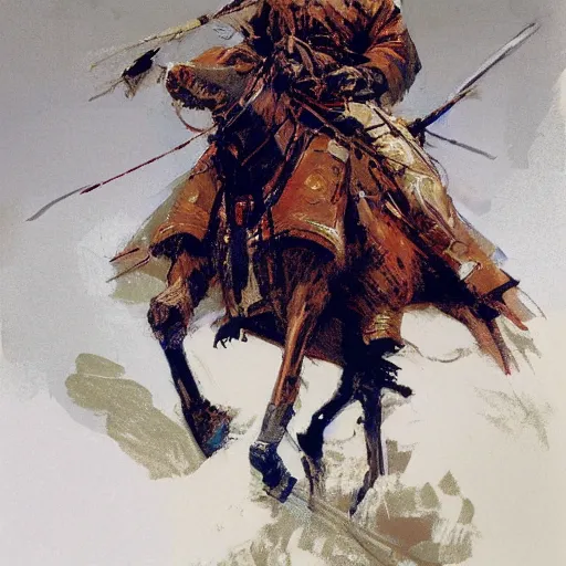 Image similar to portrait of rider wearing gambeson aiming bow, galloping detailed by greg manchess, craig mullins, bernie fuchs, walter everett, low angle