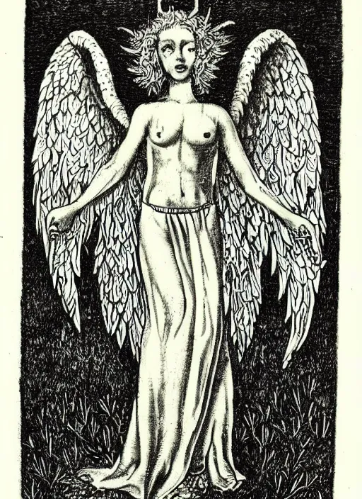 Image similar to occult art etching, very detailed, of the angel of mercury. alchemical art, esoteric art