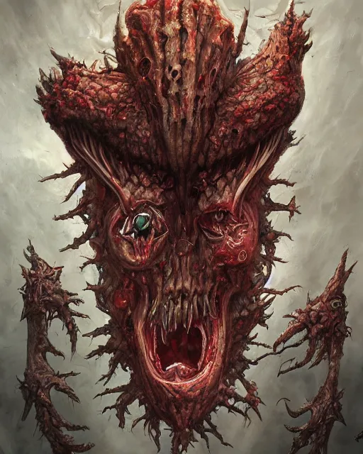 Image similar to Haunting horrifying detailed painting of a huge muscular hulking extraterrestrial flower monster made of bone and spinal cord, and bloodshot eyeballs, hyper detailed, trending on Artstation