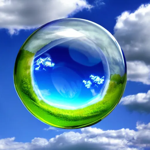 Prompt: A photograph of the Windows XP Bliss wallpaper inside of a giant floating soap bubble, floating in a blue and cloudy sky.