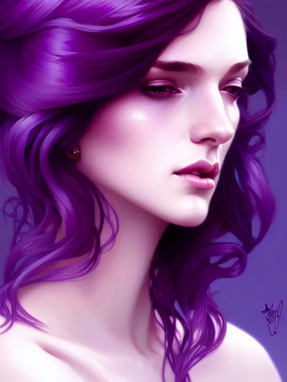 Image similar to Purple hair, creative colouring Portrait of woman, fashion, intricate, elegant, highly detailed, digital painting, artstation, concept art, smooth, sharp focus, illustration, art by artgerm and greg rutkowski and alphonse mucha