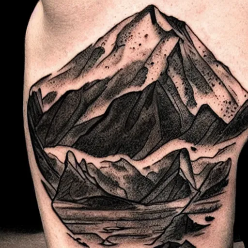 Image similar to megan fox & beautiful mountains, double exposure effect, medium sized tattoo sketch, amazing detail