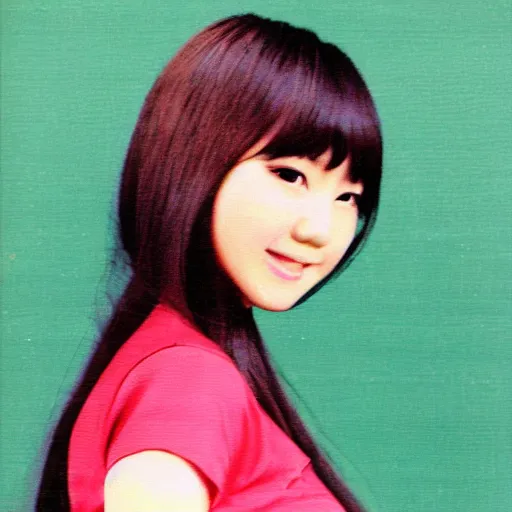 Image similar to 1 9 7 0 s record - album art of a young cute female japanese pop - idol who has yaeba slightly crooked teeth. high - quality high - resolution scanned image.