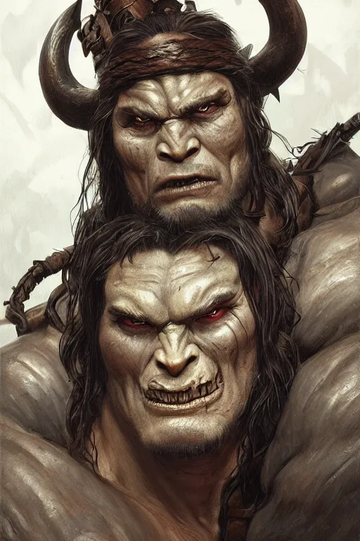 Prompt: portrait of a hulking herculean orc demon barbarian pirate, male, masculine, upper body, belt of skulls, fantasy, frown,, intricate, elegant, highly detailed, digital painting, artstation, concept art, sharp focus, illustration, art by artgerm and greg rutkowski and alphonse mucha