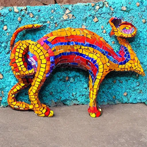 Prompt: mosaic sculpture of a alebrije chimera!!!, irregularly shaped mosaic tiles, pottery shards, in the style of folk art, in a cottagecore flower garden