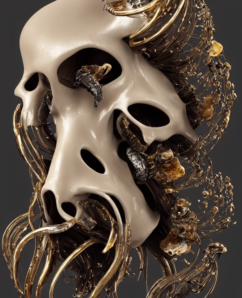 Image similar to goddess princess face close-up portrait ram skull. sculpture made of polished gold and matte obsidian. jellyfish phoenix head, nautilus, orchid, skull, betta fish, bioluminiscent creatures, intricate artwork by Tooth Wu and wlop and beeple. octane render, trending on artstation, greg rutkowski very coherent symmetrical artwork. cinematic, hyper realism, high detail, octane render, 8k