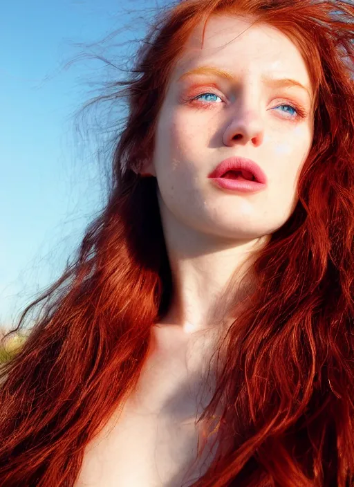 Prompt: close up portrait of a ( thin young redhead woman with russian descent, sunbathed skin, with ( intricate symmetrical deep blue eyes with ( round black pupils ) ) and ( wavy long maroon colored hair ) who looks directly at the camera with a ( slightly open mouth ) ). face takes up half of the photo. a park visible in the background. by luis royo.