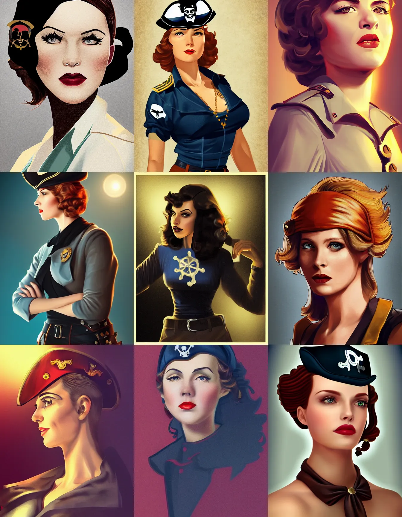 Prompt: smart female pirate captain 2 6 years old, 1 9 4 0 s haircut, fully clothed, wise, beautiful, portrait by stanley artgerm, dramatic lighting, trending on artstation, flat colour, geometric curves, gradient filter, art deco pattern, sharp focus