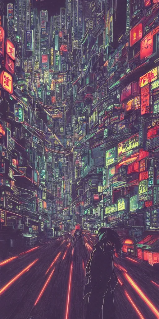 Prompt: beautiful and detailed anime drawing of an GHOST IN THE SHELL-like cyberpunk city landscape with light trail from a motorcycle at the bottom and a bridge silhouette at the top, China at night, 1980s, by Katsuhiro Otomo and mamoru oshii, wide angle, worm's eye view, grand, clean, colorful