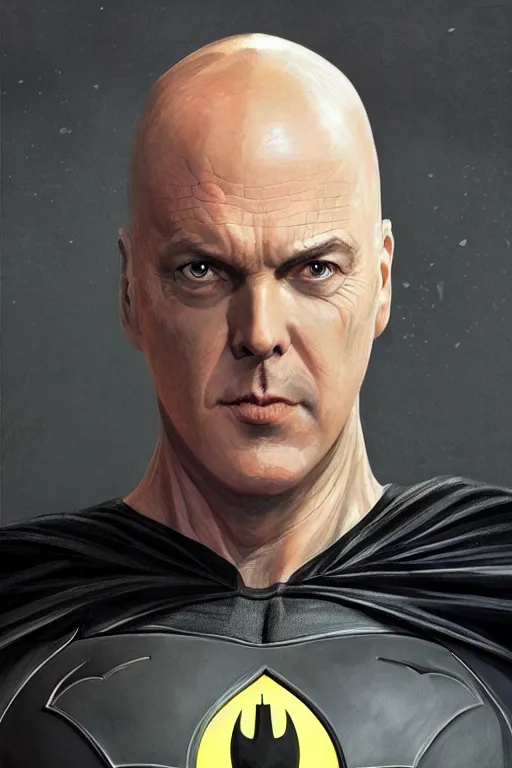 Image similar to Portrait of Michael Keaton as Batman, DC, justice league, cinematic lighting, intricate, elegant, highly detailed, digital painting, artstation, painted by Artgerm and Mark Waid and Greg Rutkowski and Mandy Jurgens and Snyder