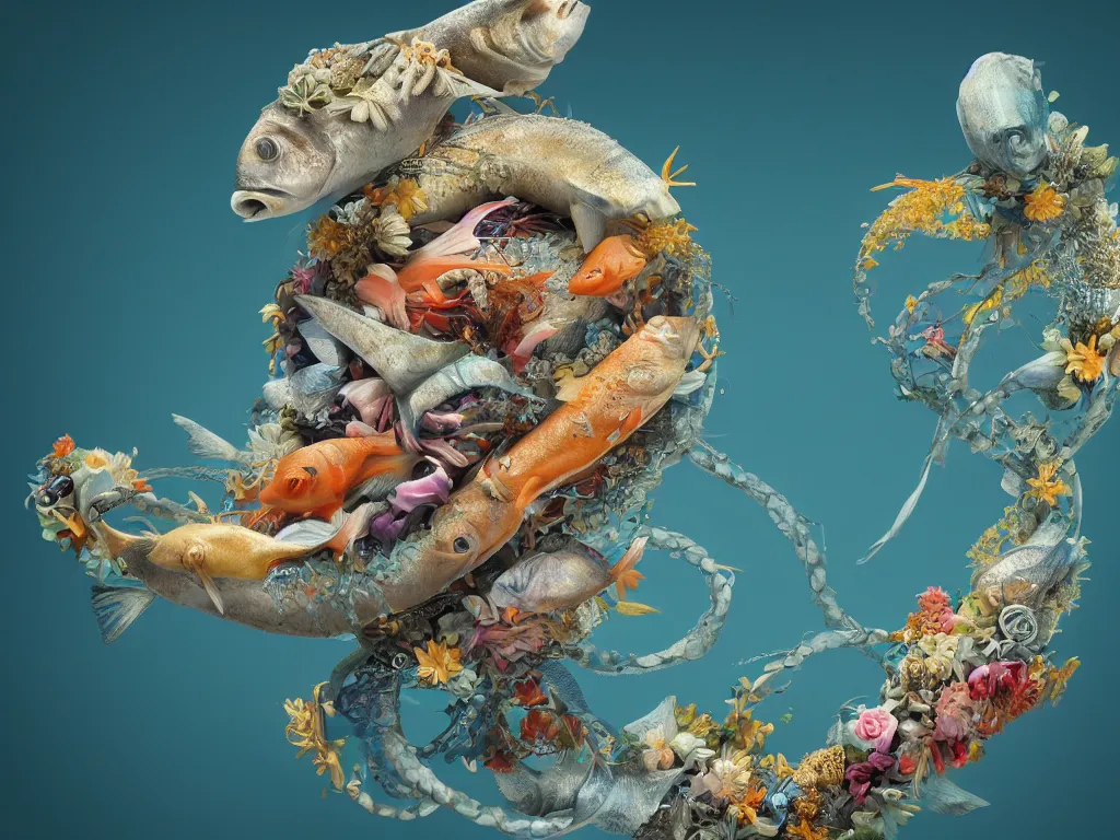 Image similar to a sculpture of fish ocean intertwined, a lovely cornucopia of flowers and human body parts, body parts, highly detailed, octane render, cinematic, shock, sharp focus, an independent sharp, clean, studio lighting