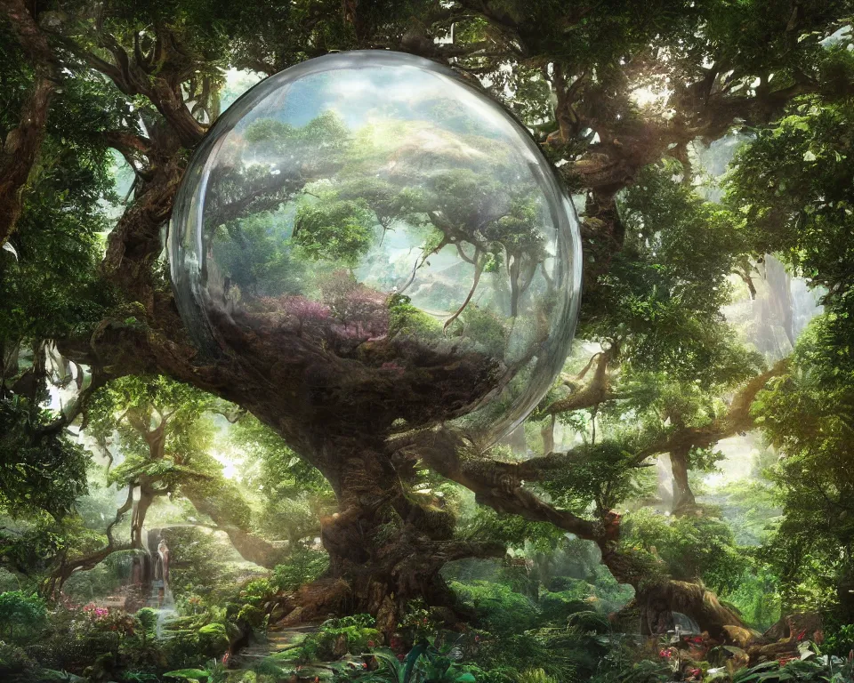 Prompt: avatar home tree contained within a glass dome, yggdrasil, interior, lush vista, landscape