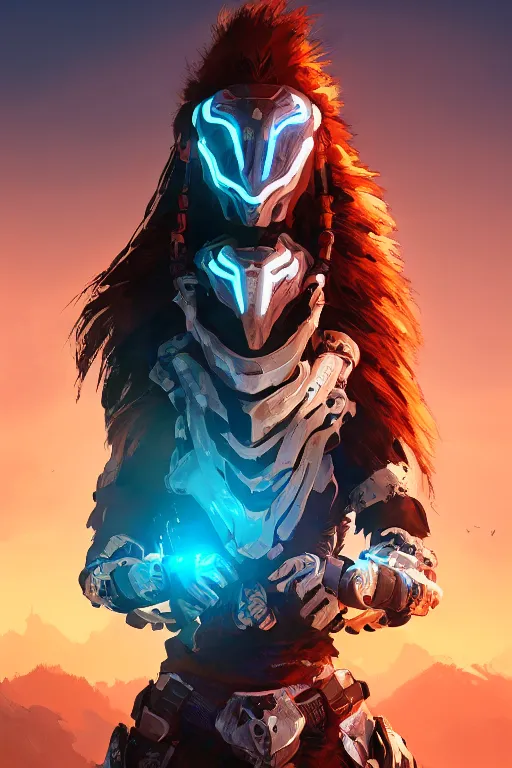 Image similar to combination suit armor aloy horizon forbidden west horizon zero dawn radiating a glowing aura global illumination ray tracing hdr fanart arstation by ian pesty and alena aenami artworks in 4 k tribal robot ninja mask helmet backpack