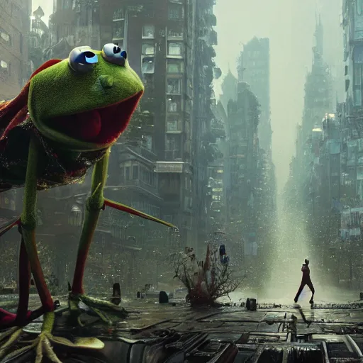 Prompt: a still of kermit the frog in inception, realistuc movie by cory loftis, fenghua zhong, ryohei hase, ismail inceoglu and ruan jia. volumetric light, detailed, octane render, horizon zero dawn