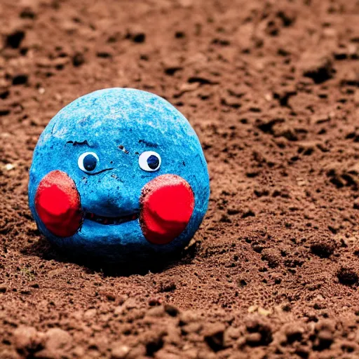 Image similar to photo of a ball of dirt with tiny legs, round blue eyes, a red clown nose, and a cute smile, creature made of dirt and soil