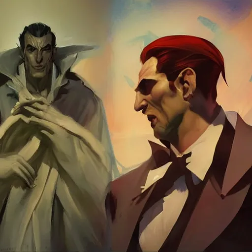 Prompt: greg manchess painting of dracula as an overwatch character, profile picture, matte painting, bold shapes, hard edges, street art, trending on artstation, by huang guangjian and gil elvgren and sachin teng