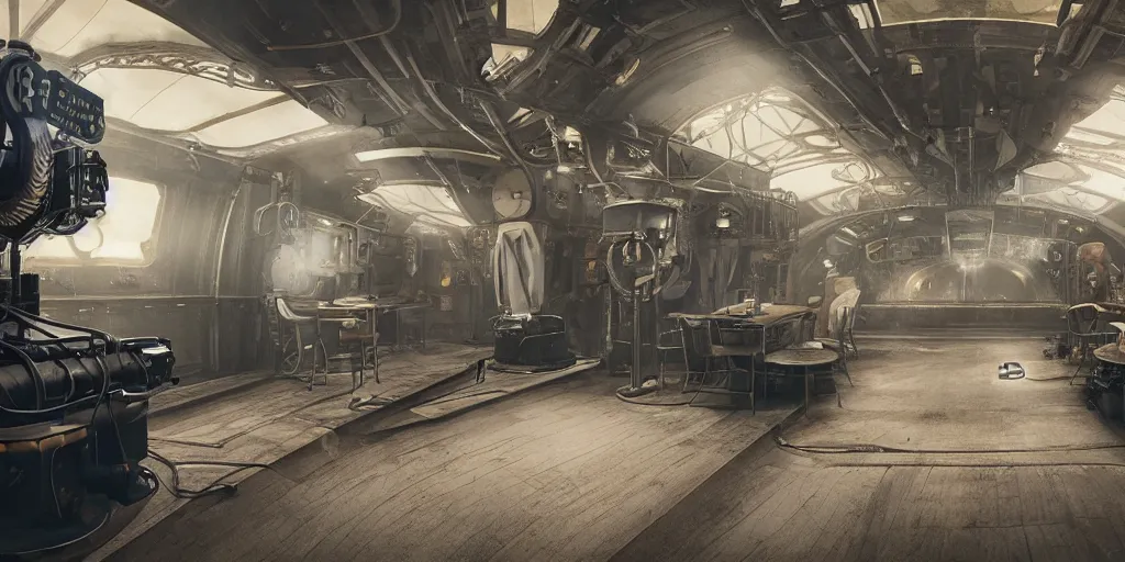 Image similar to photograph of a dieselpunk submarine interior set design, cinematic lighting, color contrast, arri alexa, anamorphic bokeh, professional lighting, 4 k, photographed by erik johansson, graded with davinci resolve