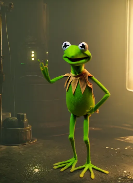 Image similar to kermit the frog in fallout 4, wearing power armor, hq screen shot, octane render, cinematic lighting, sharp detail, 5 k