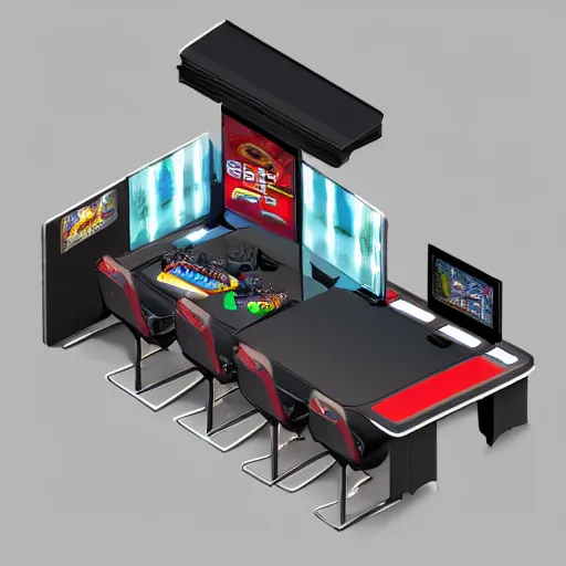 Image similar to An Isometric floating 3D gaming room designed by the fast food giant Burger King that shows in detail gaming peripherals, an enthusiast gaming PC, gaming table, gaming chair, speakers, and gaming monitors. Artstation, 3D render, high-res, 4K