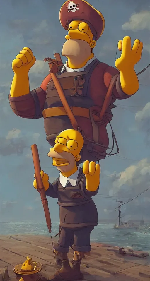 Prompt: homer simpson as a pirate art by Greg Rutkowski, Simon Stalenhag, trending on Artstation, CGSociety