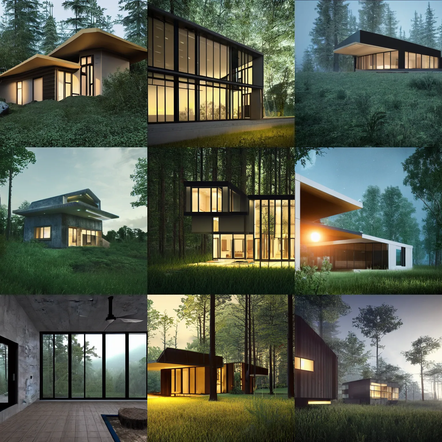 Image similar to a house in the middle of the forest, lights inside, contemporary architecture, architecture render, unreal engine, detailed