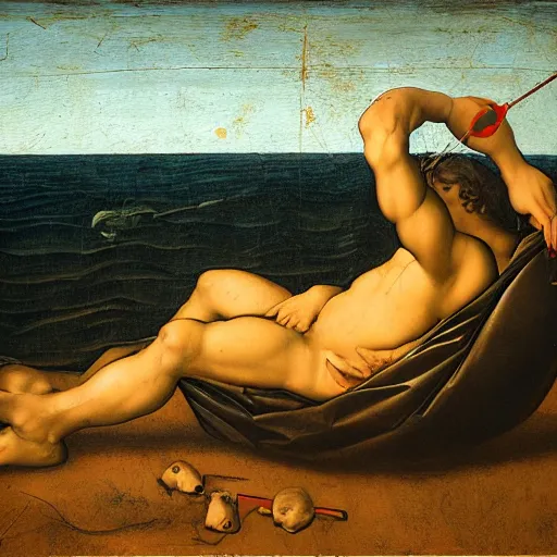 Image similar to Oil painting by Leonardo da Vinci of a Human Rights Watch employee sleeping on an inflatable raft in the ocean