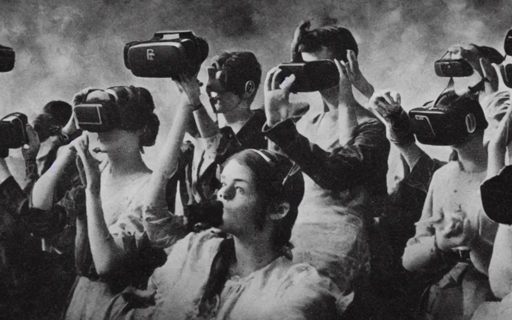 Image similar to 1 9 0 0 s photo of people using iphones ipods virtual reality headsets vr in a movie theater double exposure masterpiece