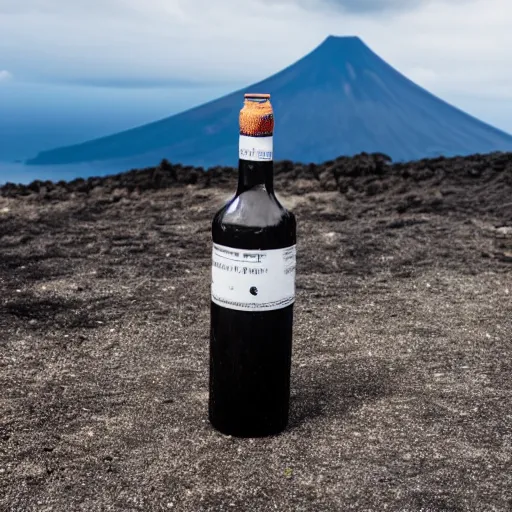 Image similar to symmetrical photo of small bottle standing, volcano background