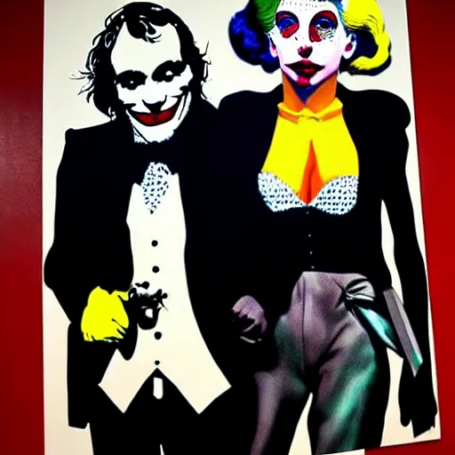 Image similar to richard hamilton and mimmo rottela and banksy as joaquin phoenix skinny joker holding hand lady gaga harley queen, ultra photorealistic, intricate details, pop art style, baroque, baroque, balance composition, concept art, ultrarealistic, 3 colors, smooth, sharp focus