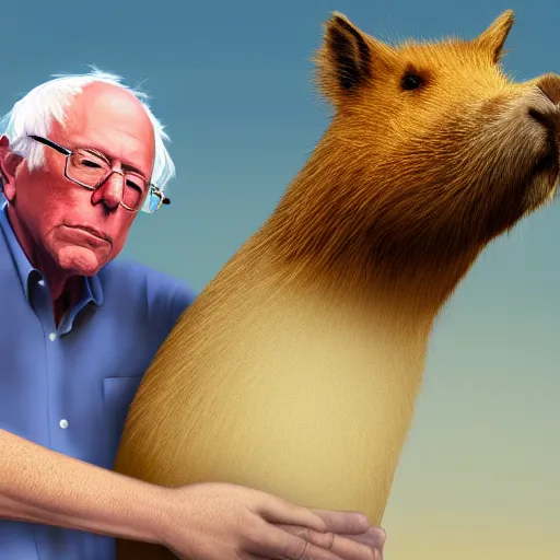 Image similar to Bernie Sanders with the body of a capybara, 4k resolution, 8k resolution, HD Quality, highly detailed, very detailed, detailed, studio quality lighting, digital art, trending on Artstation