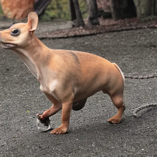 Prompt: chihuahua - hippopotamus hybrid creature walking a tight rope
