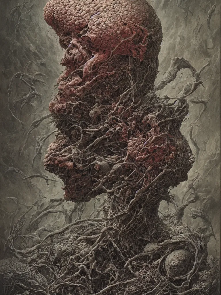 Image similar to a portrait of donald trump as a tumor by dan seagrave, wayne barlowe and zdzisław beksinski, front and center, intricate detail, surrealist, macabre, dark, horror, pain, suffering, death